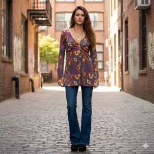 Velvet Ocean Vintage Y2K Psychedelic Paisley Long Sleeve Top VNeck Empire Waist